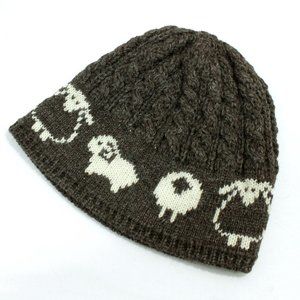 New Irish Wool Knit Hat Cap Beanie Sheep Motif Brown Cream Made in Ireland